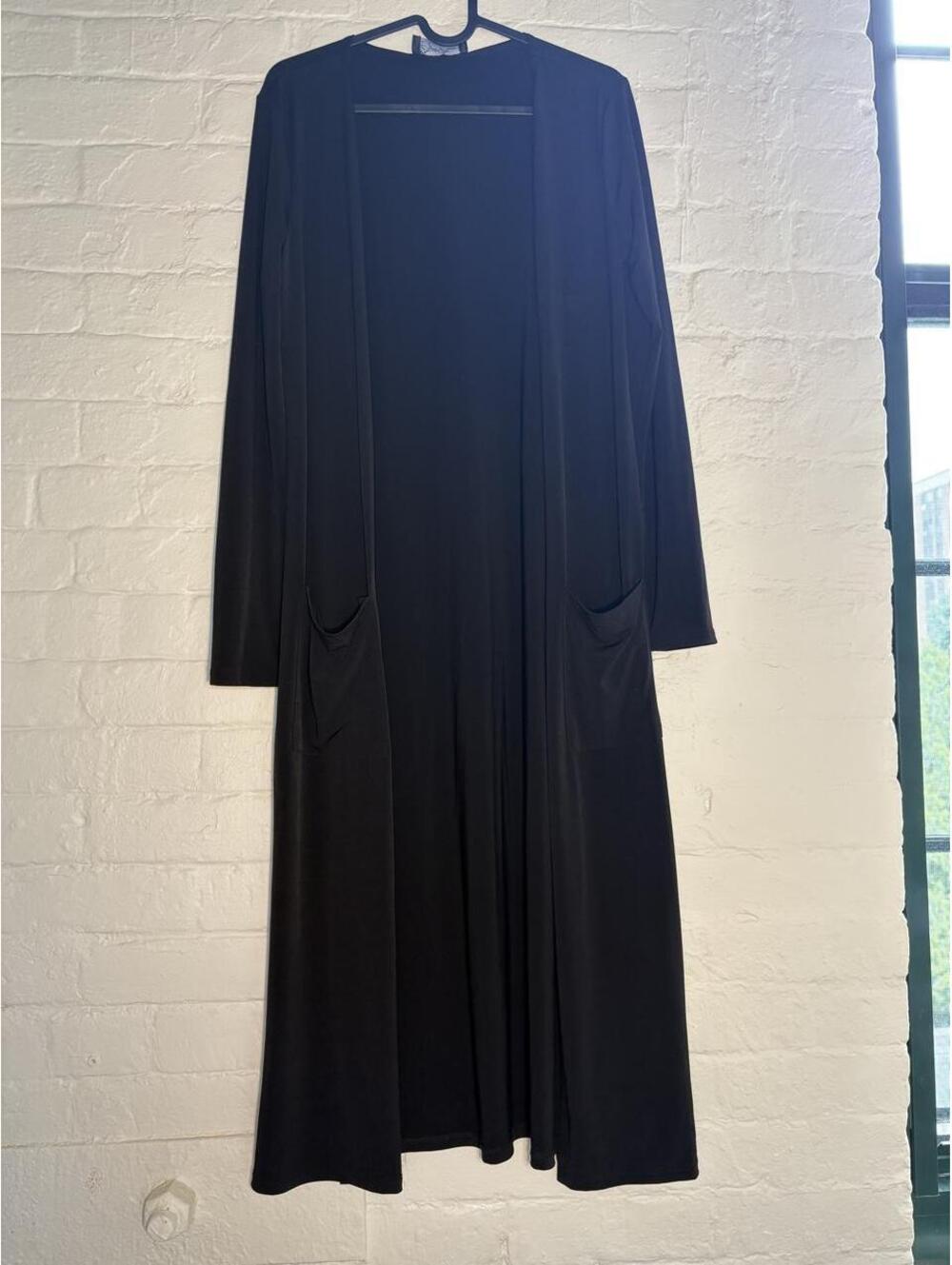 Brigitte Brianna black maxi duster with pockets. Made in the USA.